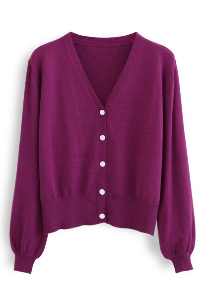 V-Neck Button Down Ribbed Knit Cardigan in Violet