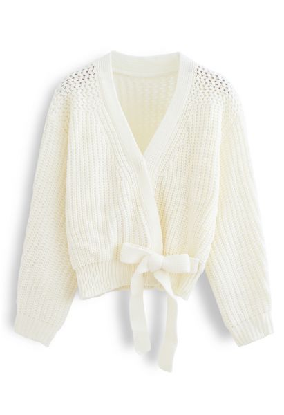 Wrap Bowknot Chunky Knit Sweater in White