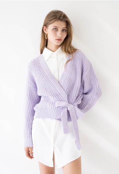 Wrap Bowknot Chunky Knit Sweater in Lavender