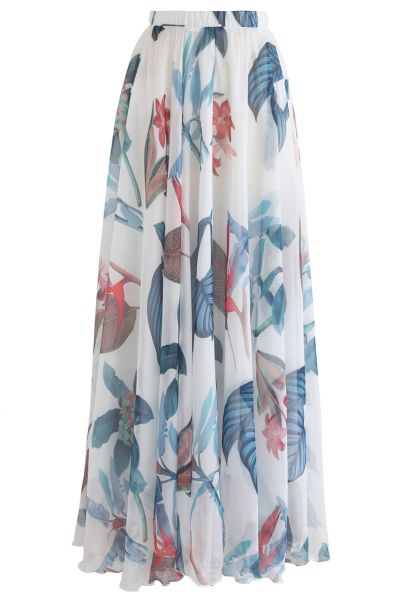 Falda larga acuarela floral tropical en blanco