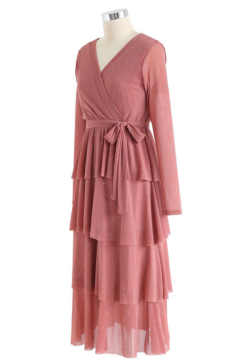 Shimmer Tiered Bowknot Wrap Dress in Coral