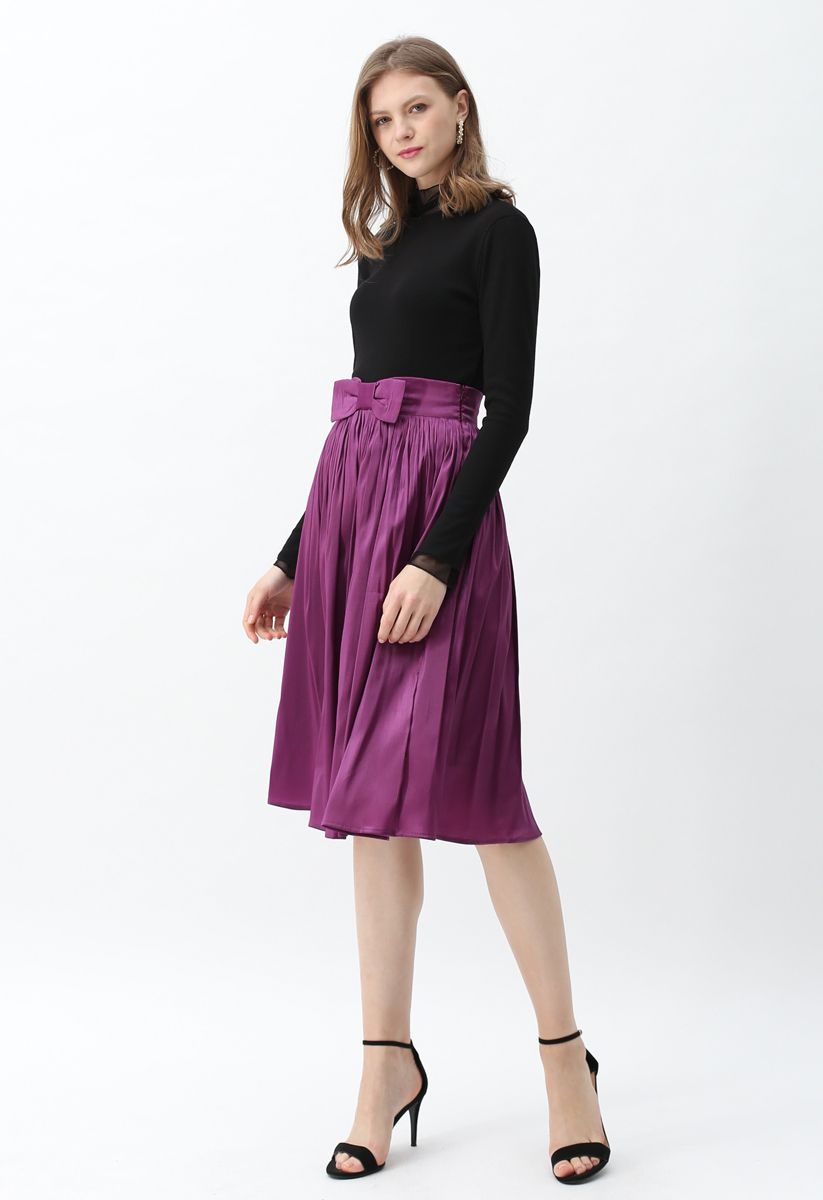 Bowknot Waist Pleated Midi Skirt in Violet