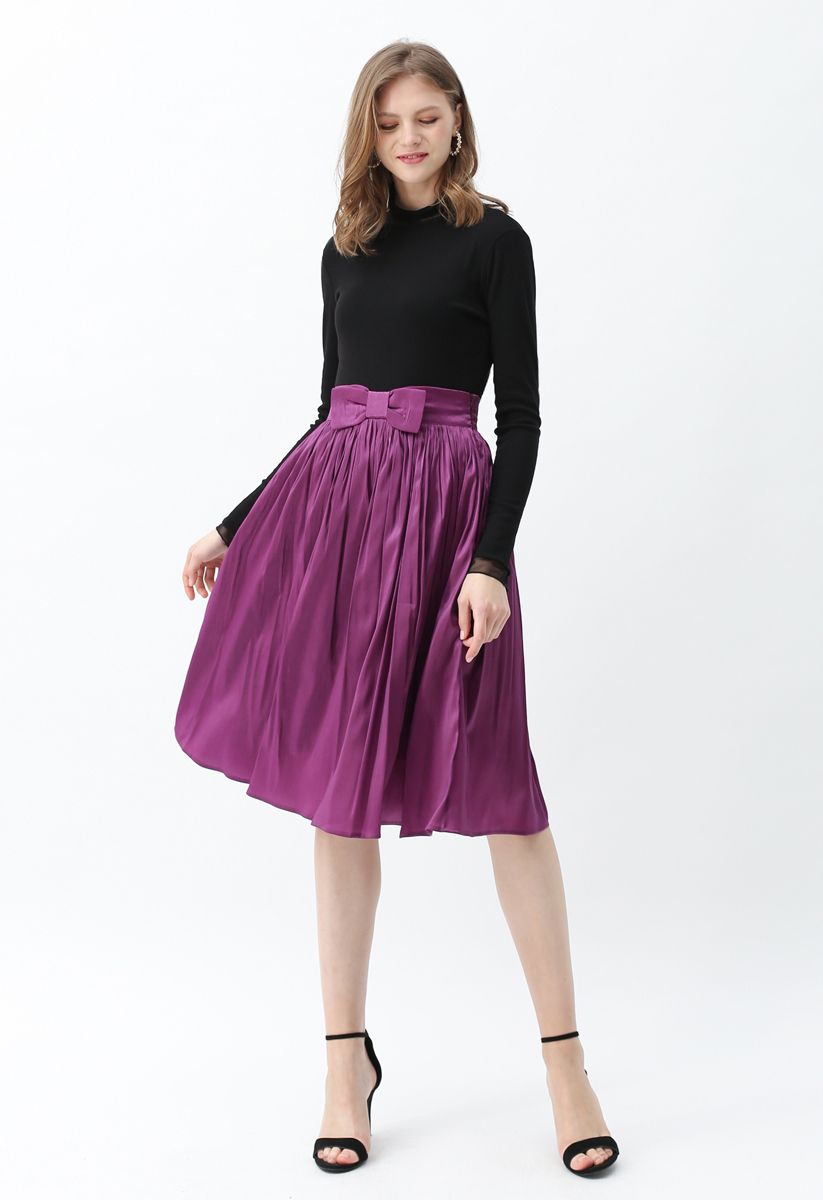 Bowknot Waist Pleated Midi Skirt in Violet