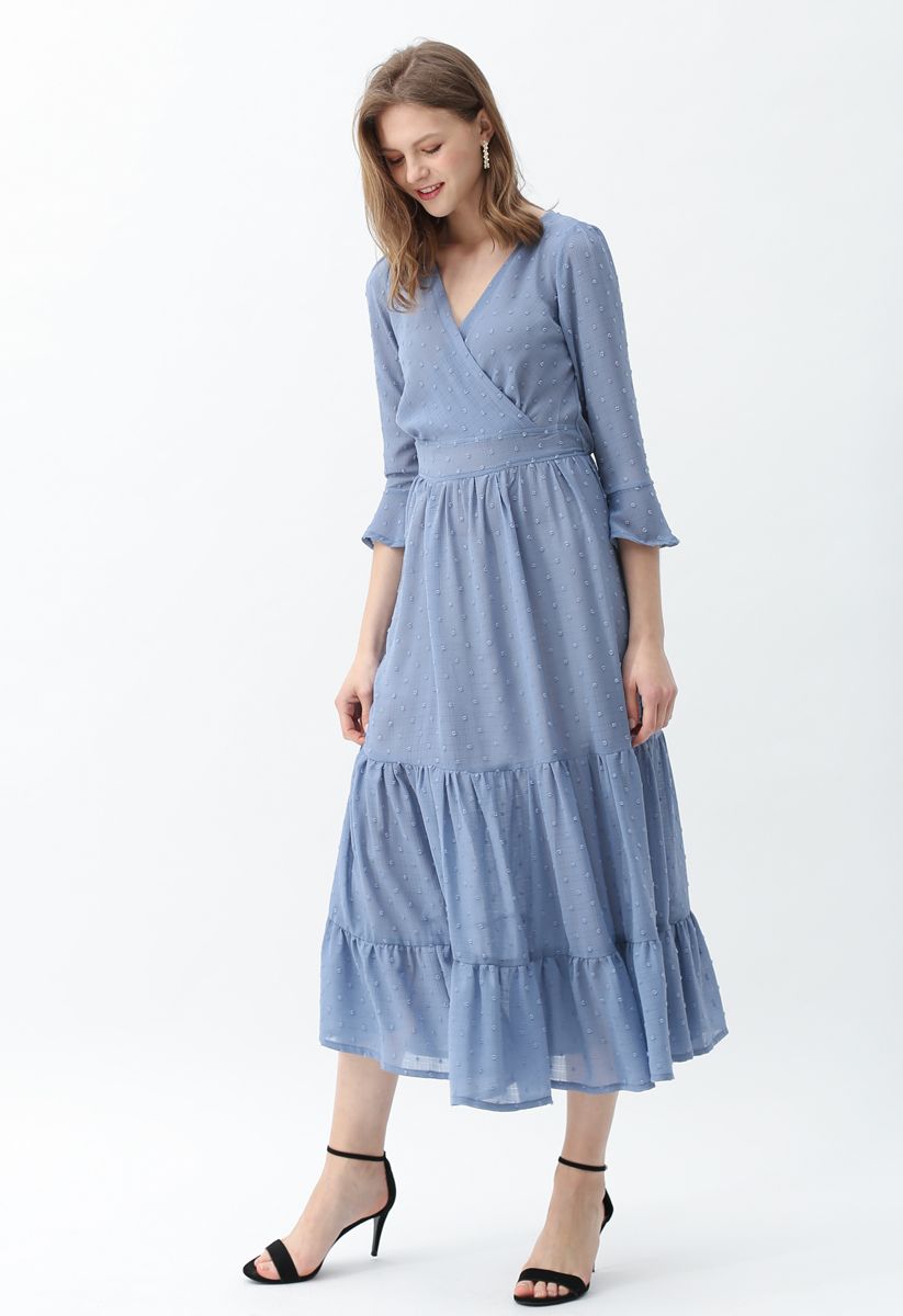 Flock Dots Wrapped Ruffle Maxi Dress in Blue