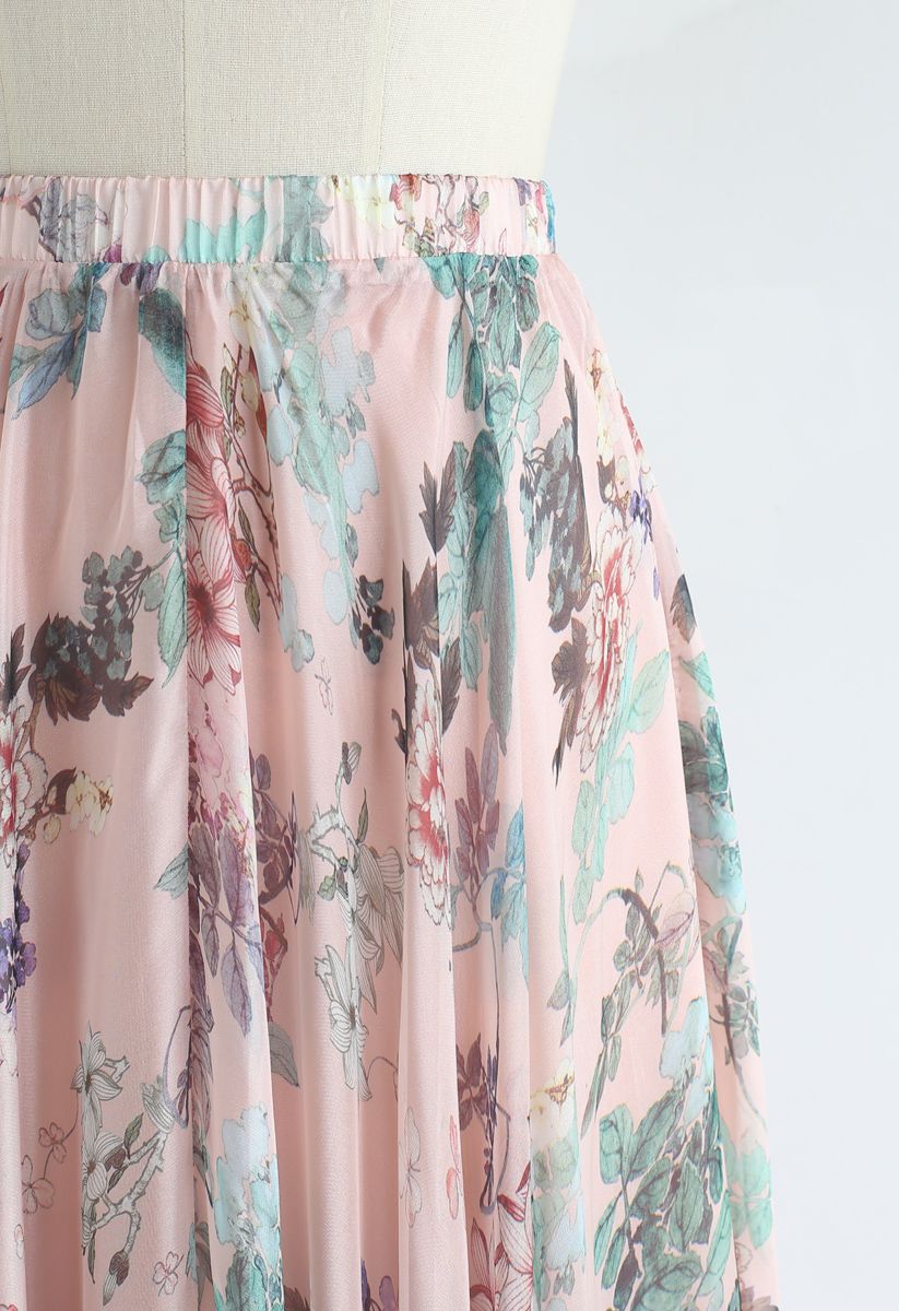 Pinky Blossom Watercolor Maxi Skirt