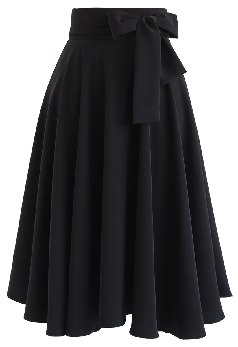 Flare Hem Bowknot Waist Midi Skirt in Black