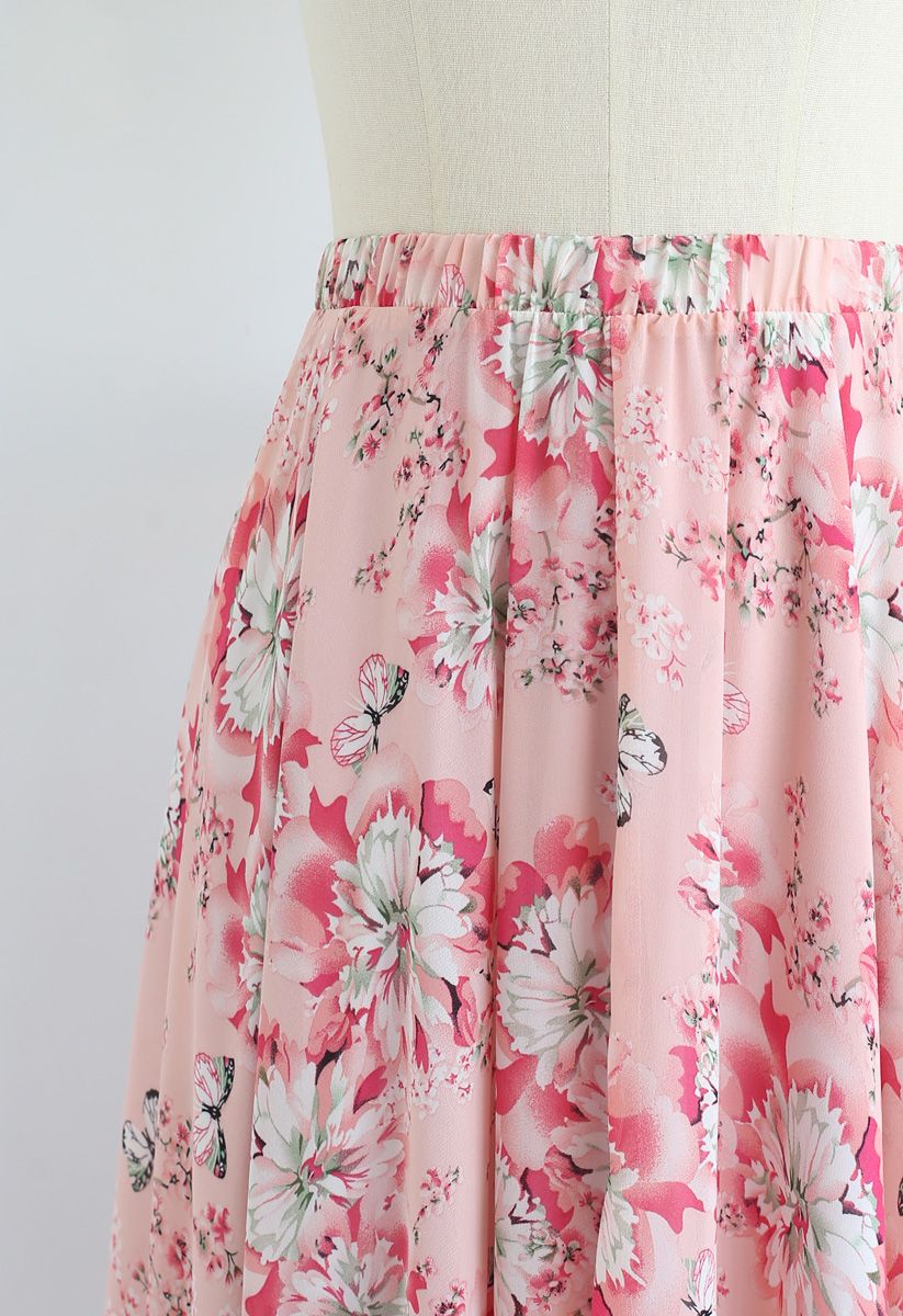 Butterfly and Floral Print Chiffon Maxi Skirt in Pink