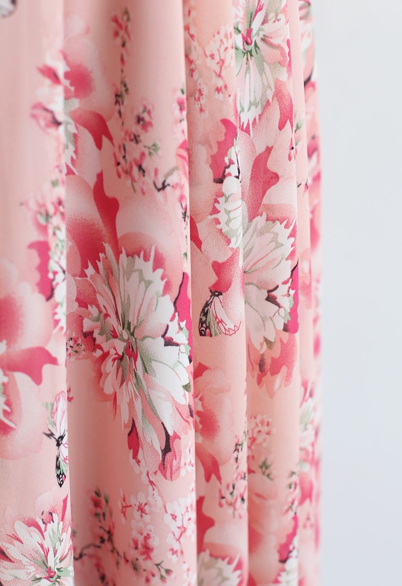 Butterfly and Floral Print Chiffon Maxi Skirt in Pink