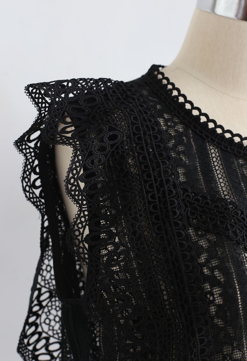 Crochet Trim Sleeveless Lace Top in Black