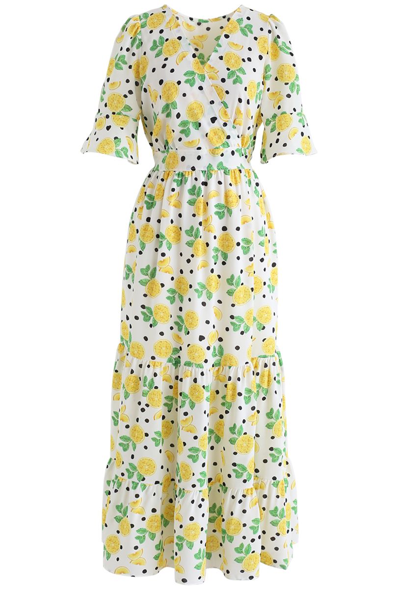 Lemon Print Frilling Wrapped Dress