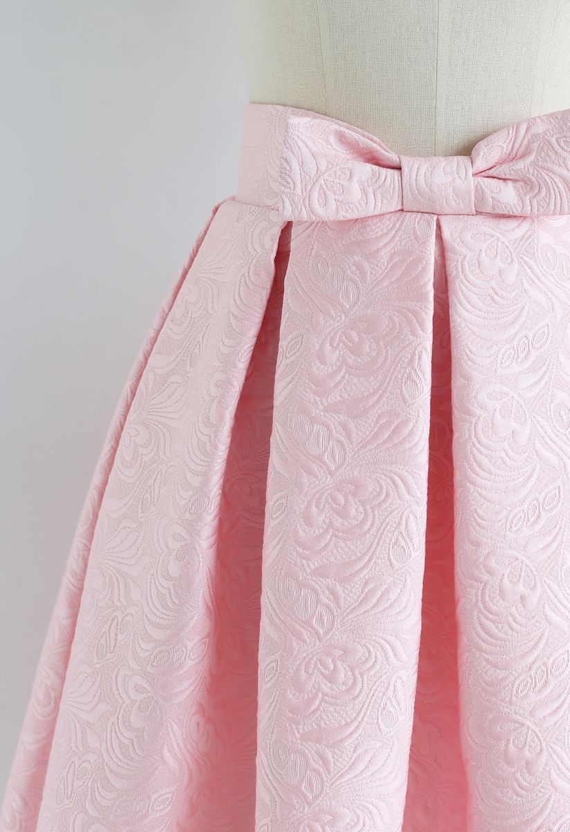 Bowknot Pleated Jacquard Midi Skirt in Pink