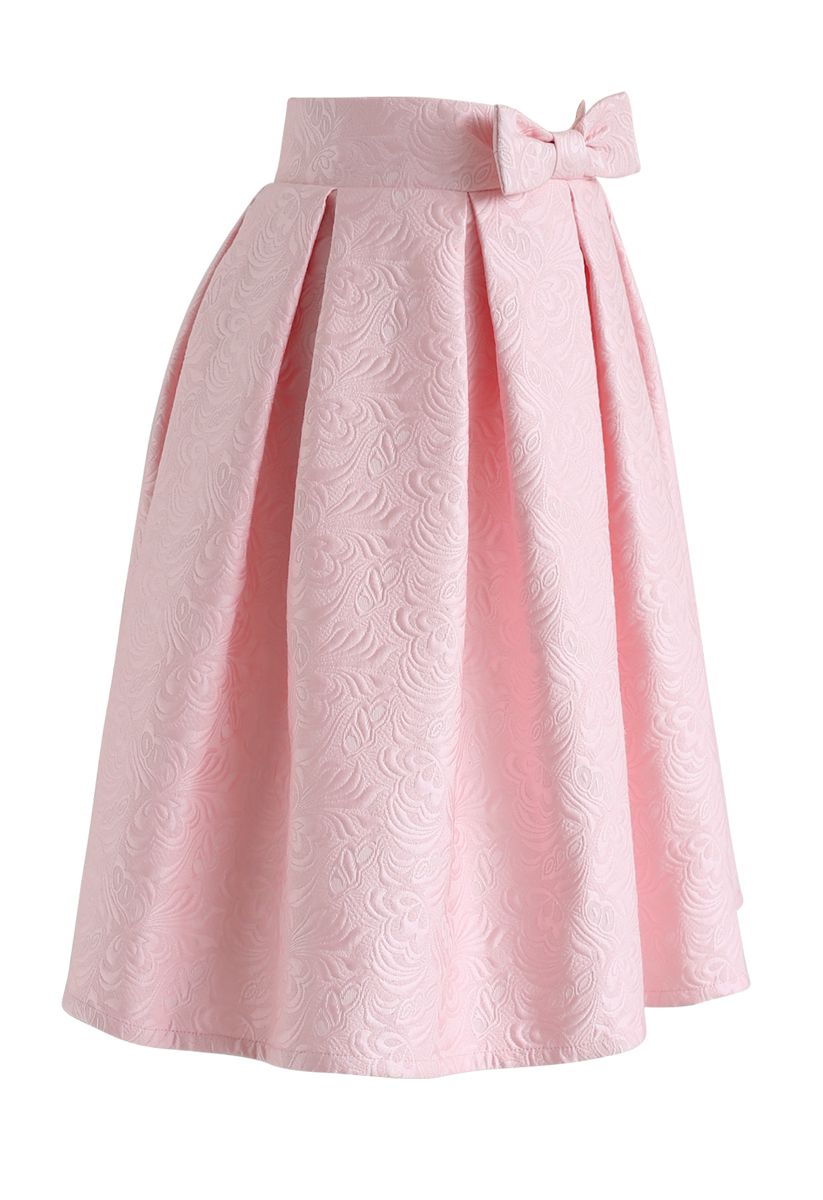 Bowknot Pleated Jacquard Midi Skirt in Pink