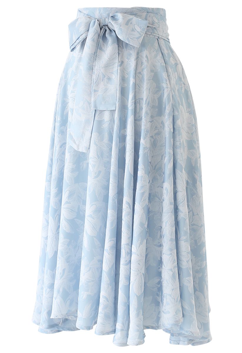 Sassy Leaves Jacquard Bowknot Waist Midi Skirt in Sky Blue