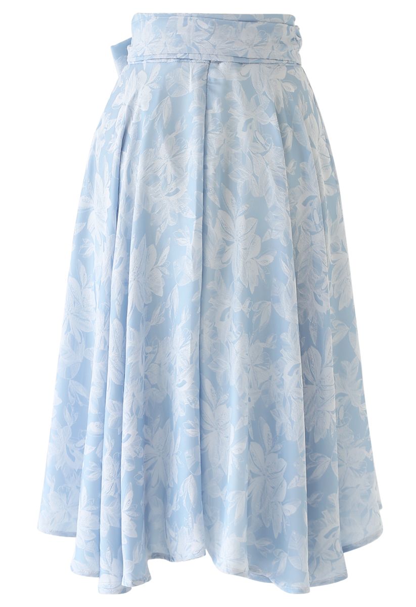 Sassy Leaves Jacquard Bowknot Waist Midi Skirt in Sky Blue