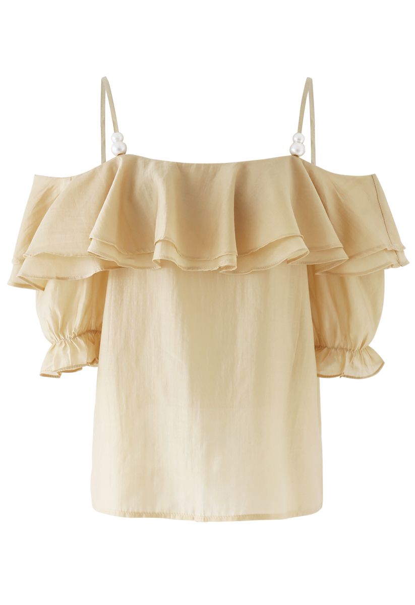 Tiered Ruffle Pearl Trim Cold-Shoulder Top in Mustard