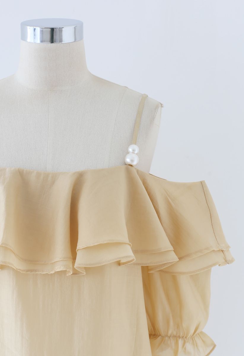Tiered Ruffle Pearl Trim Cold-Shoulder Top in Mustard