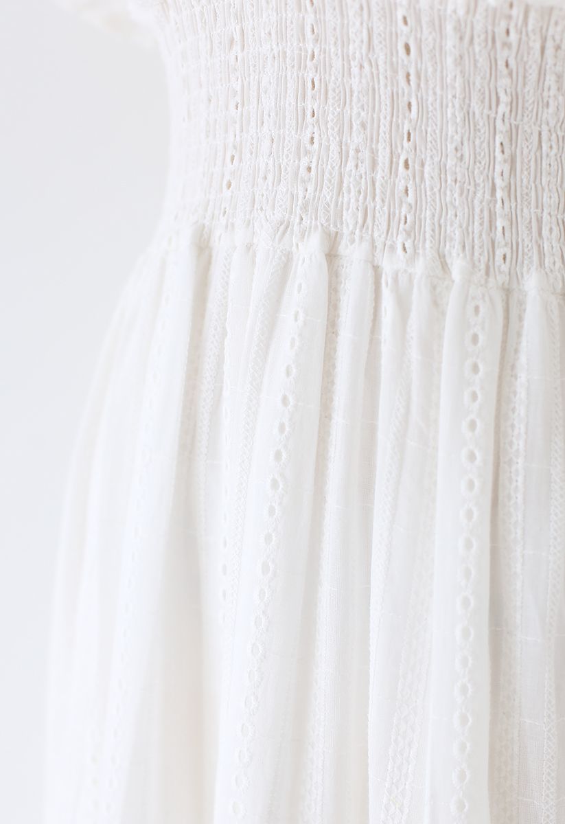 Embroidery Eyelet Shirred Frill Boho Dress in White