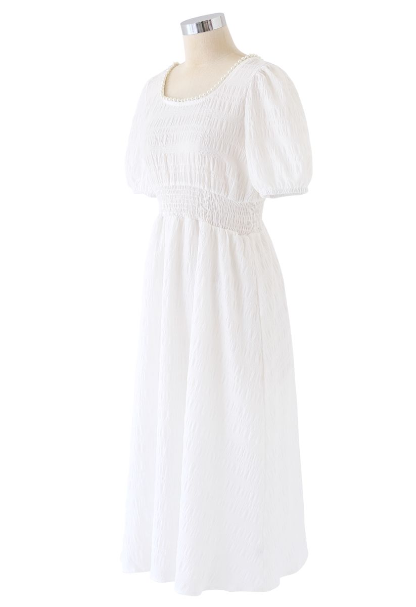 Pearl Trim Round Neck Midi Dress in White