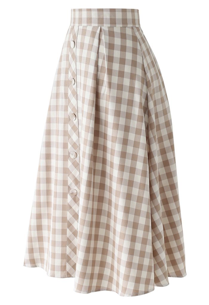 Buttoned Front Check Print A-Line Midi Skirt in Tan