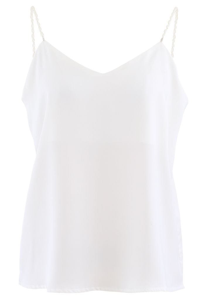 Camiseta sin mangas de satén con tiras de perlas en blanco