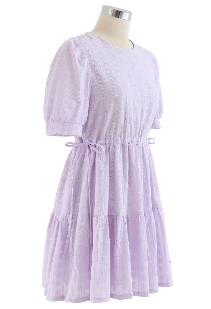 Floret Embroidered Drawstring Waist Eyelet Mini Dress in Lilac