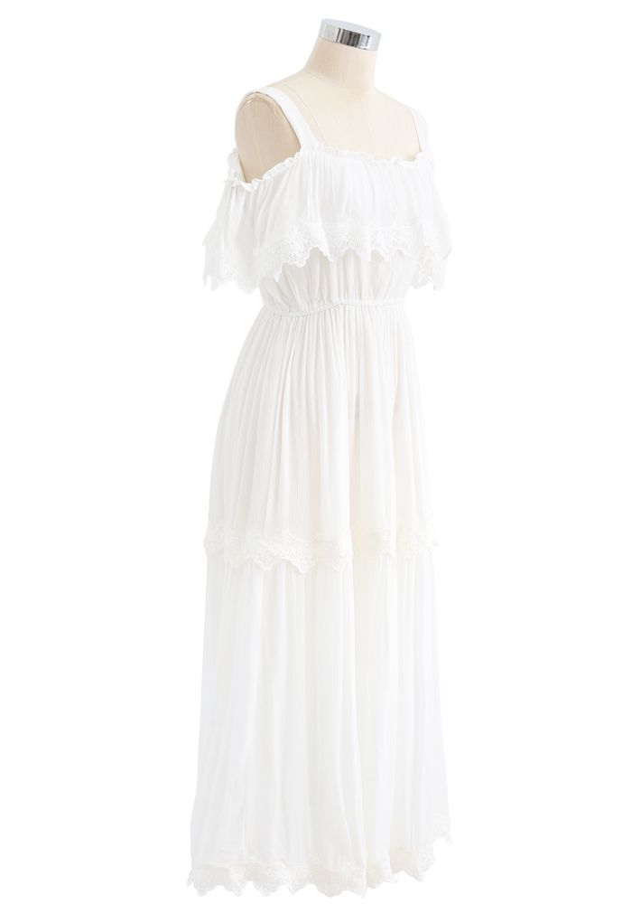 Crochet Trim Cold-Shoulder Dress in White