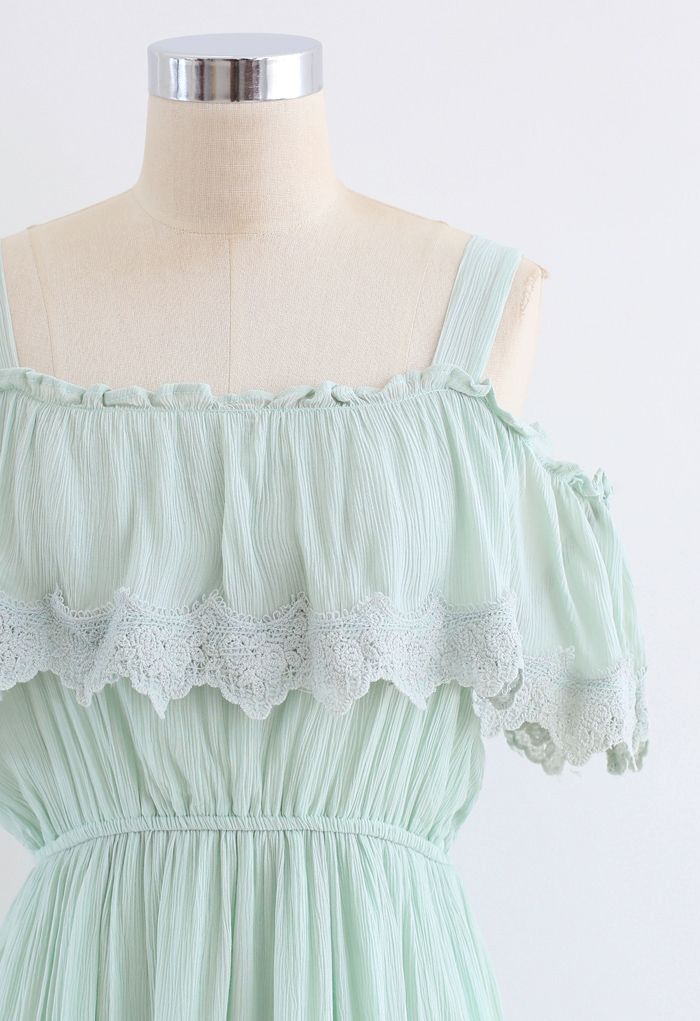 Crochet Trim Cold-Shoulder Dress in Mint