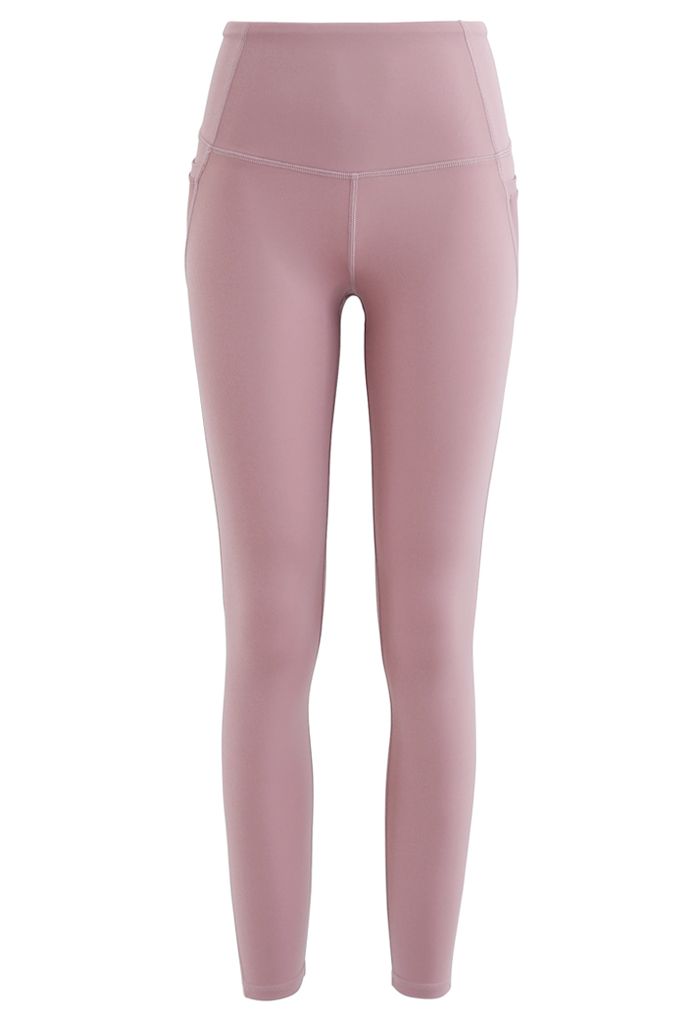 Mesh Pockets High Rise Seam Detail Ankle-Length Leggings in Dusty Pink