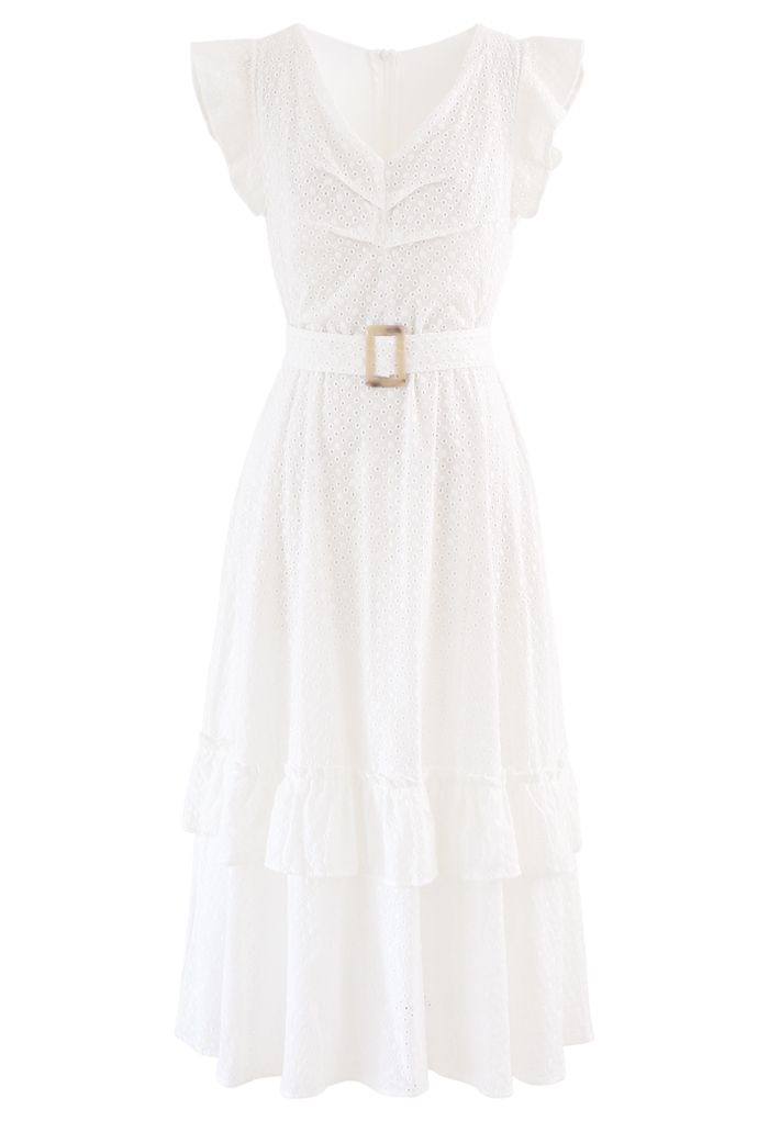 Buckle Belt V-Neck Ruffle Embroidered Eyelet Dress in White