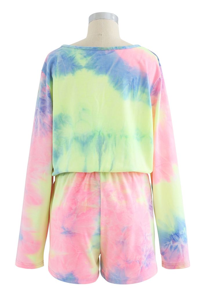 Multi Colored Tie-Dye Long Sleeves Top and Drawstring Shorts Set