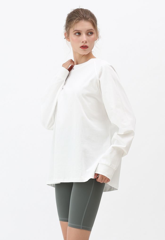 Long Sleeves Loose Pullover Sweatshirt in White