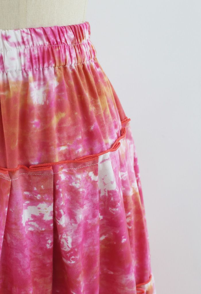 Tie-Dye Pleated Frill Midi Skirt in Hot Pink