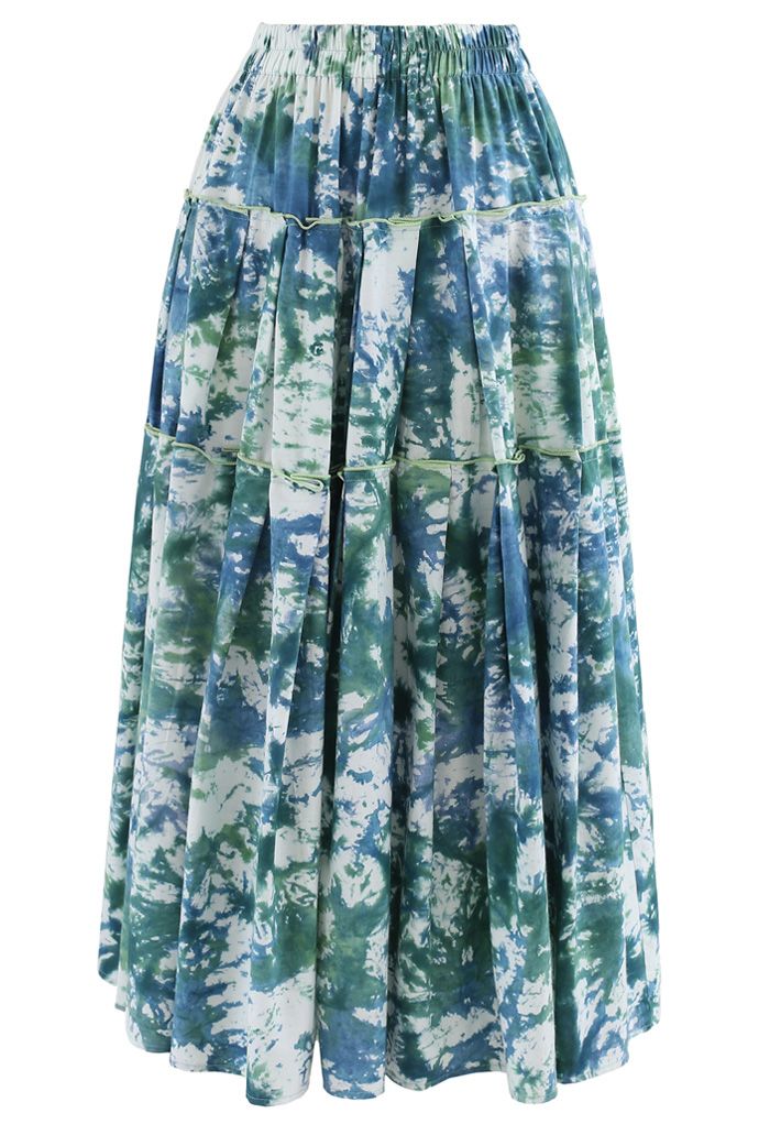 Tie-Dye Pleated Frill Midi Skirt in Teal