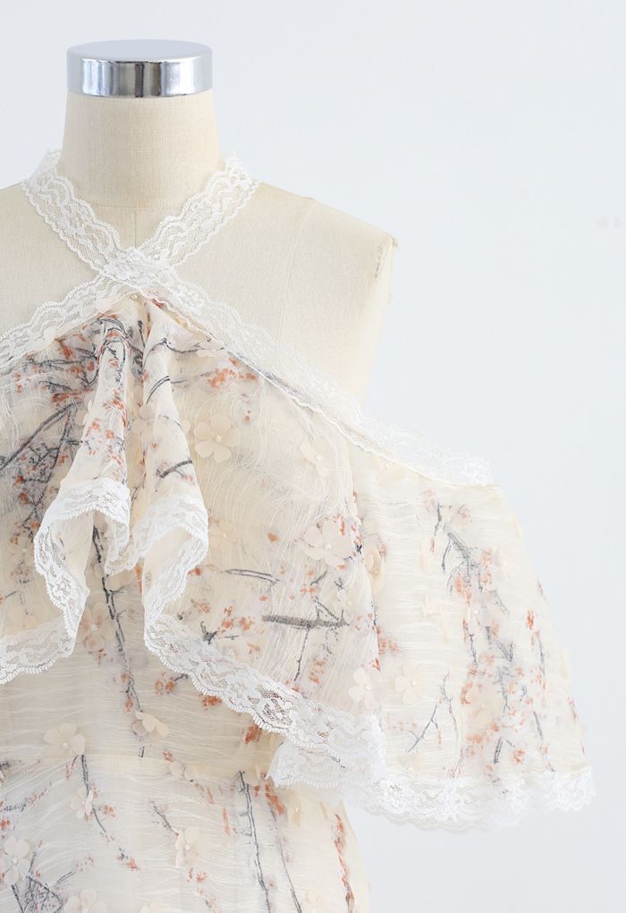 3D Flower Watercolor Organza Sleeveless Halter Dress