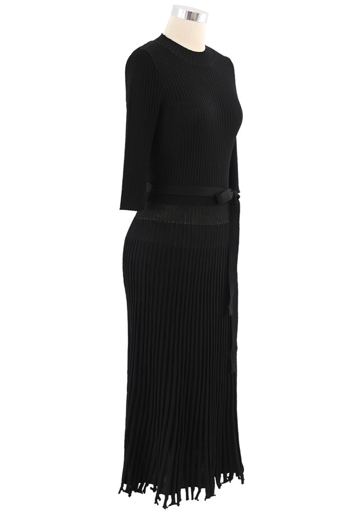 Mock Neck Fringed Hem Ribbed Knit Midi Dress in Black