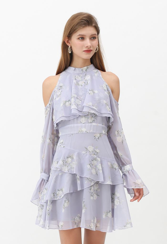 Lavender Gardenia Impress Cold-Shoulder Chiffon Dress