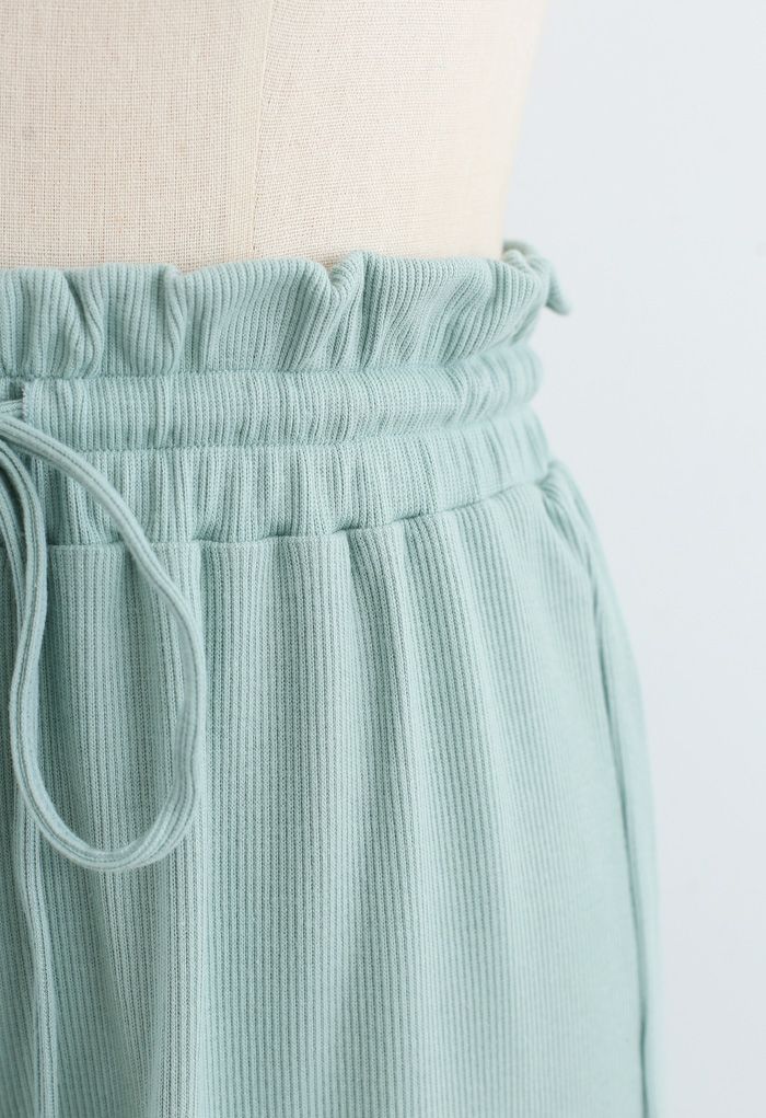 Drawstring Paper-Bag Waist Ribbed Yoga Pants in Mint