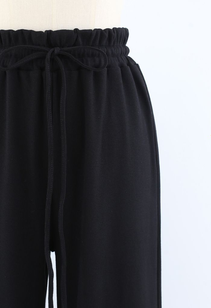 Drawstring Paper-Bag Waist Ribbed Yoga Pants in Black