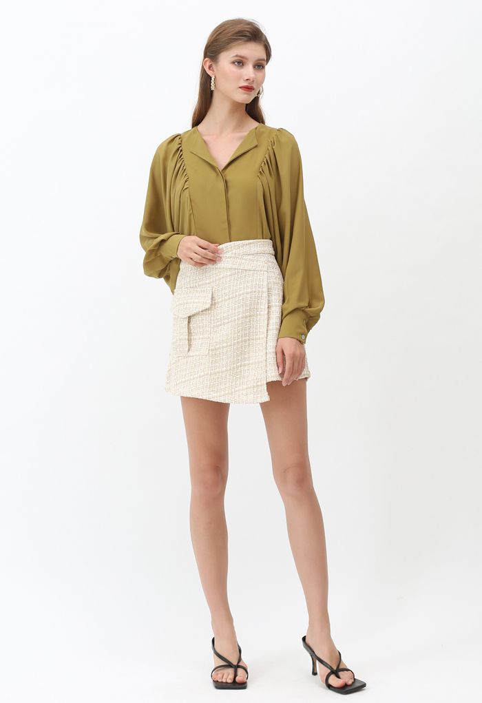 Tweed Asymmetric Mini Skirt in Light Yellow