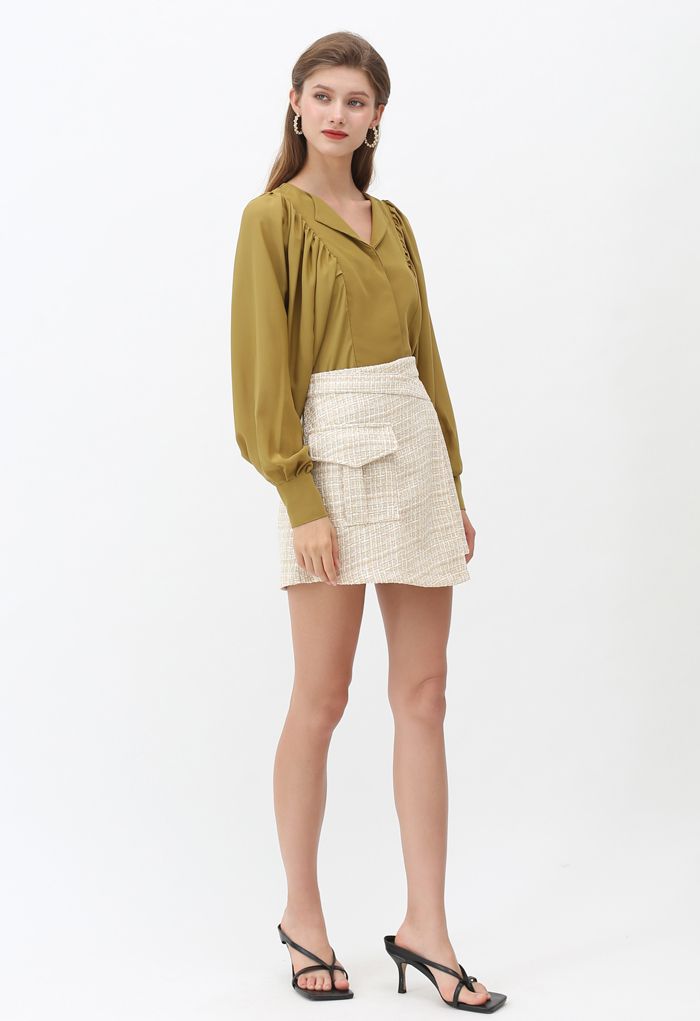 Tweed Asymmetric Mini Skirt in Light Yellow
