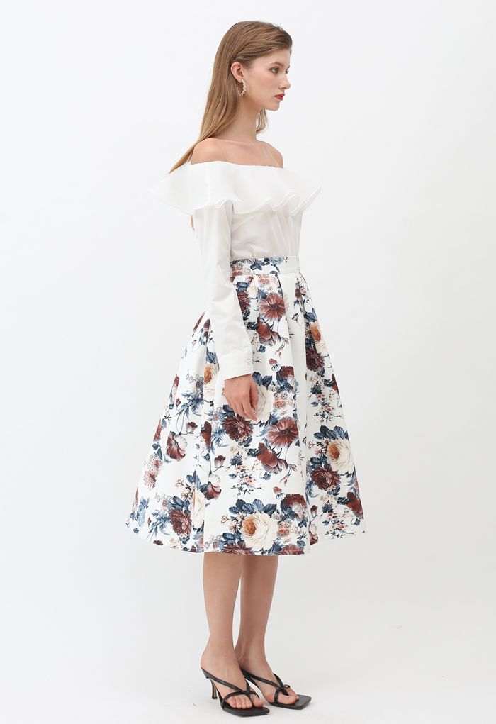 Pleated Baroque Floral Print Midi Skirt