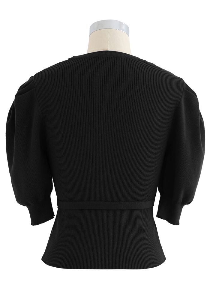 Bubble-Sleeve Wrapped Ribbed Knit Top in Black