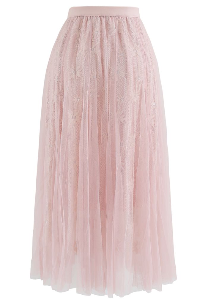 Sunflower Lace Mesh Tulle Midi Skirt in Pink