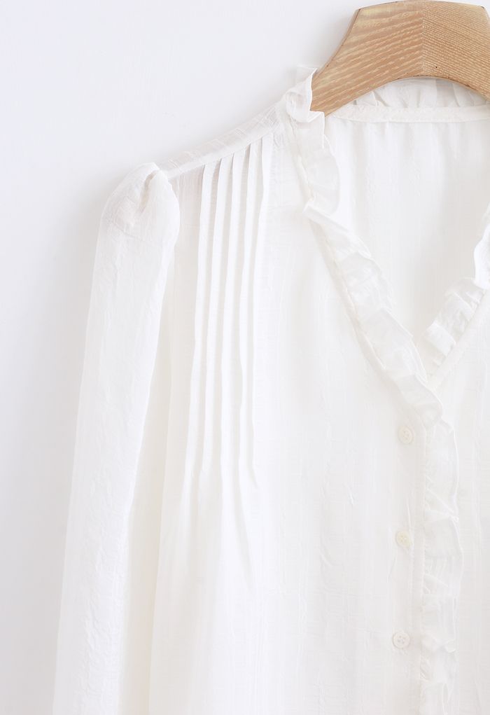 Ruffle Trims V-Neck Shirt in White