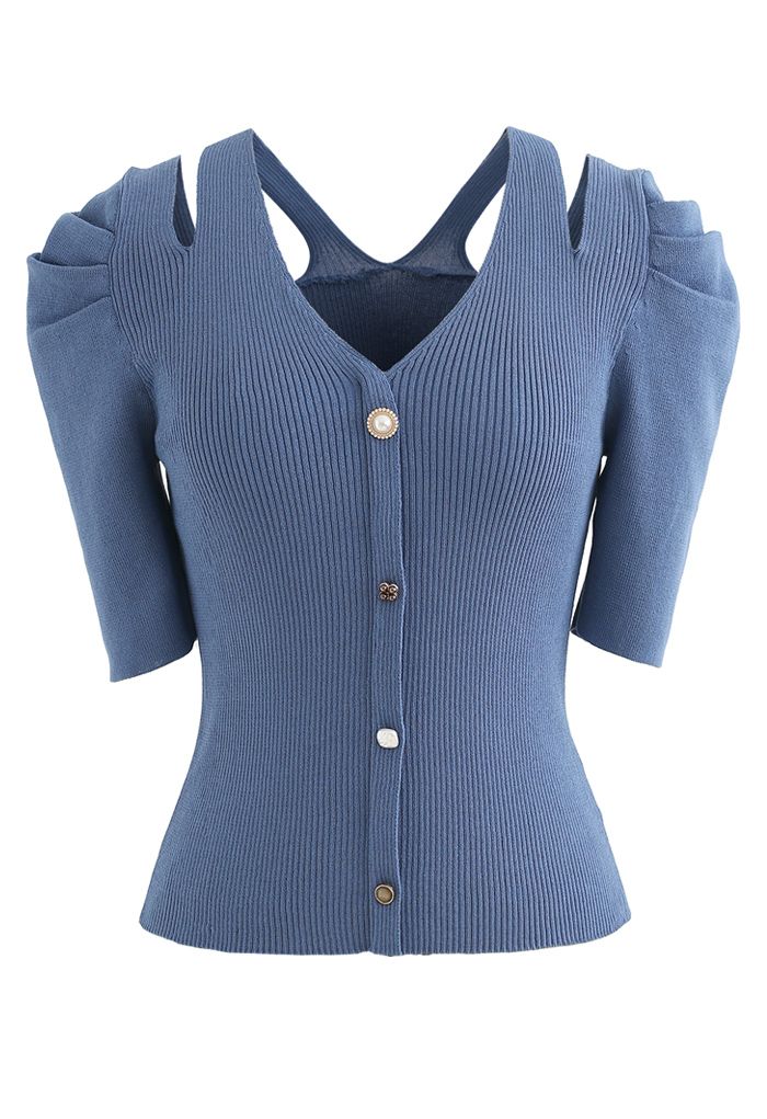 Cutout Shoulder Button Down Fitted Knit Top in Blue