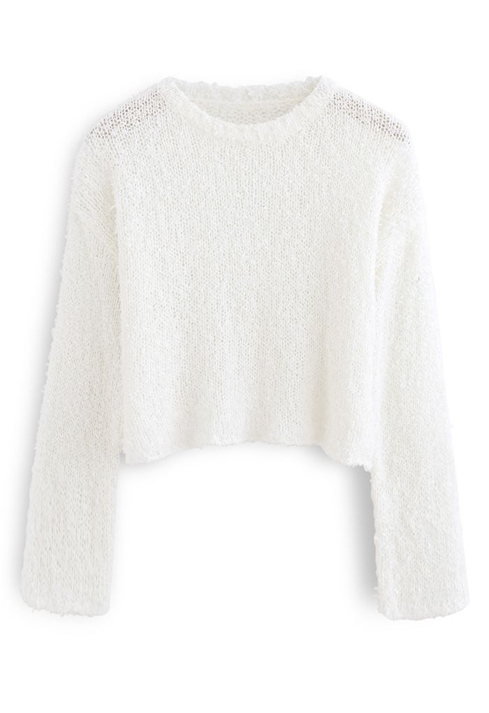 Cropped Fluffy Hollow Out Knit Sweater in White