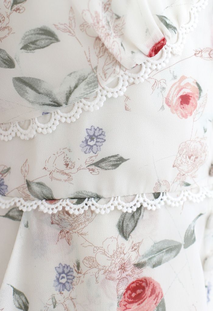 Button Trim Floral Crochet Chiffon Playsuit in White