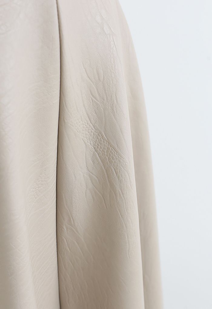 Faux Leather Crocodile Embossed A-Line Midi Skirt in Sand