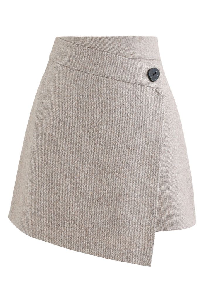 Button Flap Wool-Blended Mini Skirt in Light Tan