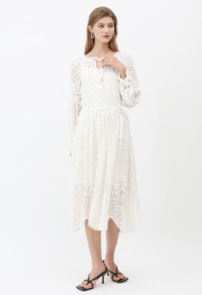 Self-Tied Tassel Floral Embroidered Organza Dress